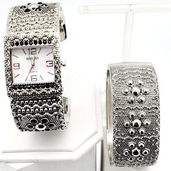 Kessaris Ladies Open Cuff Watch & Hinged Oval Bracelet Set MOP Face Silver Tone - Picture 1 of 10